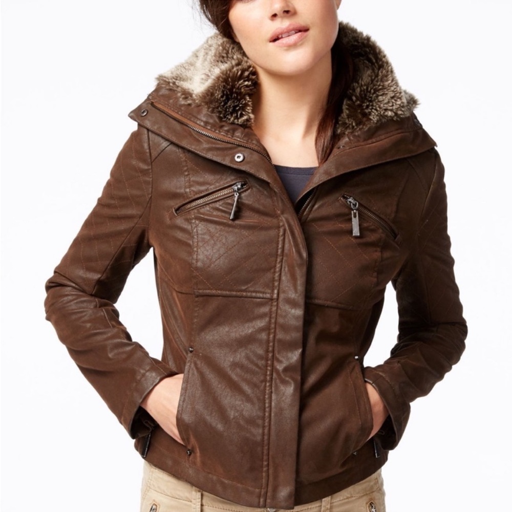 Women’s Brown Faux-Leather Hooded Jacket with Fur Trim